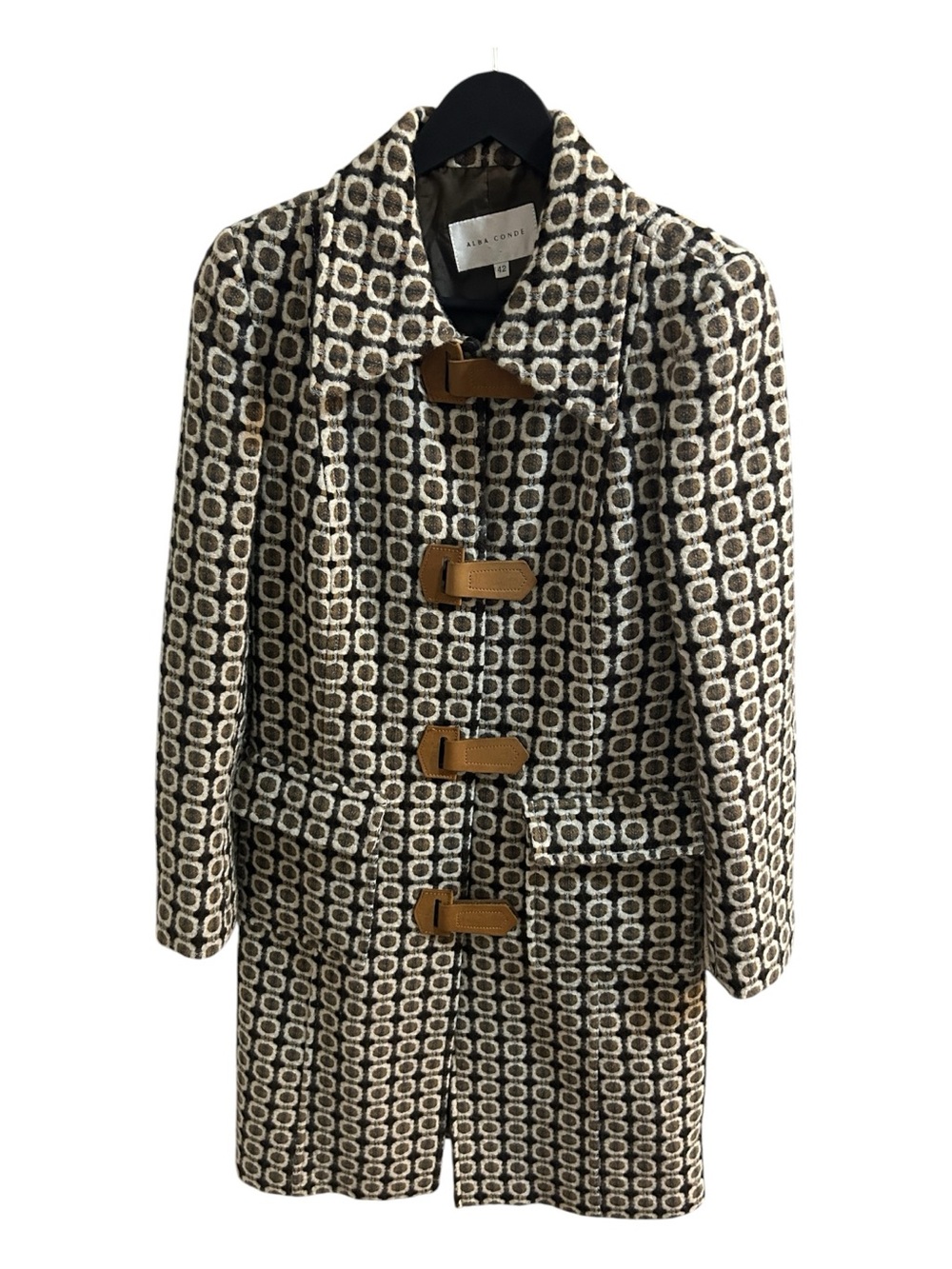Alba Conde Geometric Toggle Pea Coat in Black, Cream & Brown, Spanish Label